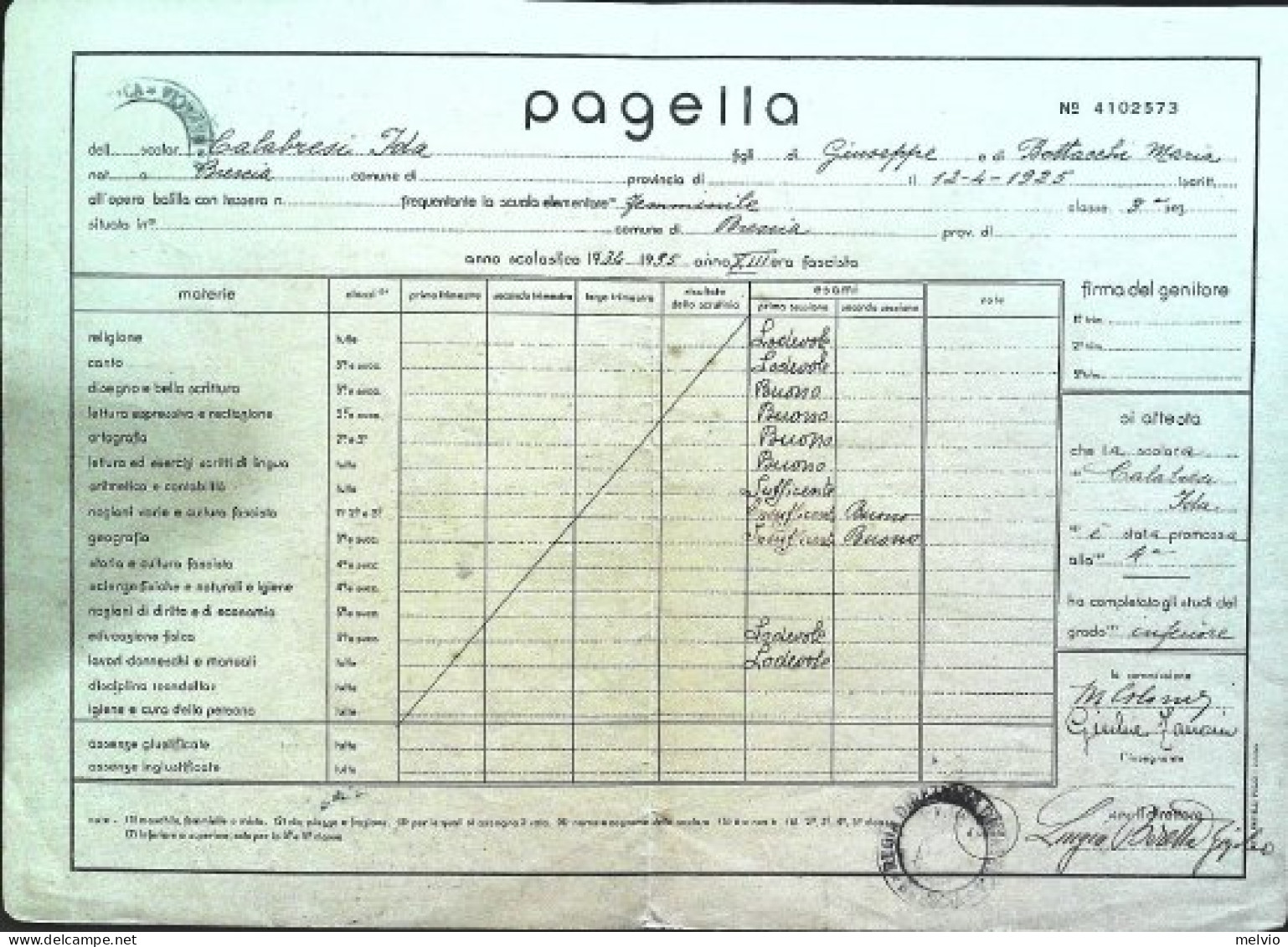 1935-pagella Ministero Educazione Nazionale XIII^Opera Balilla - Diploma & School Reports