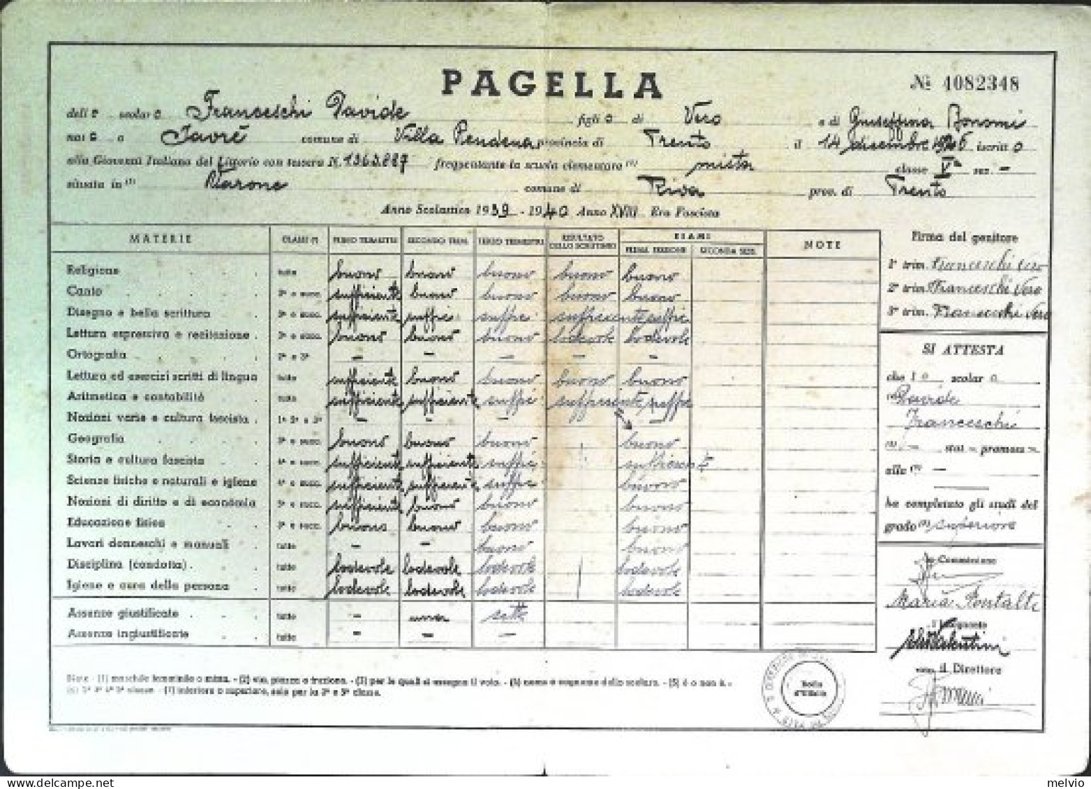1940-pagella Ministero Educazione Nazionale Vincere P.N.F. Gioventù Italiana Del - Diplômes & Bulletins Scolaires