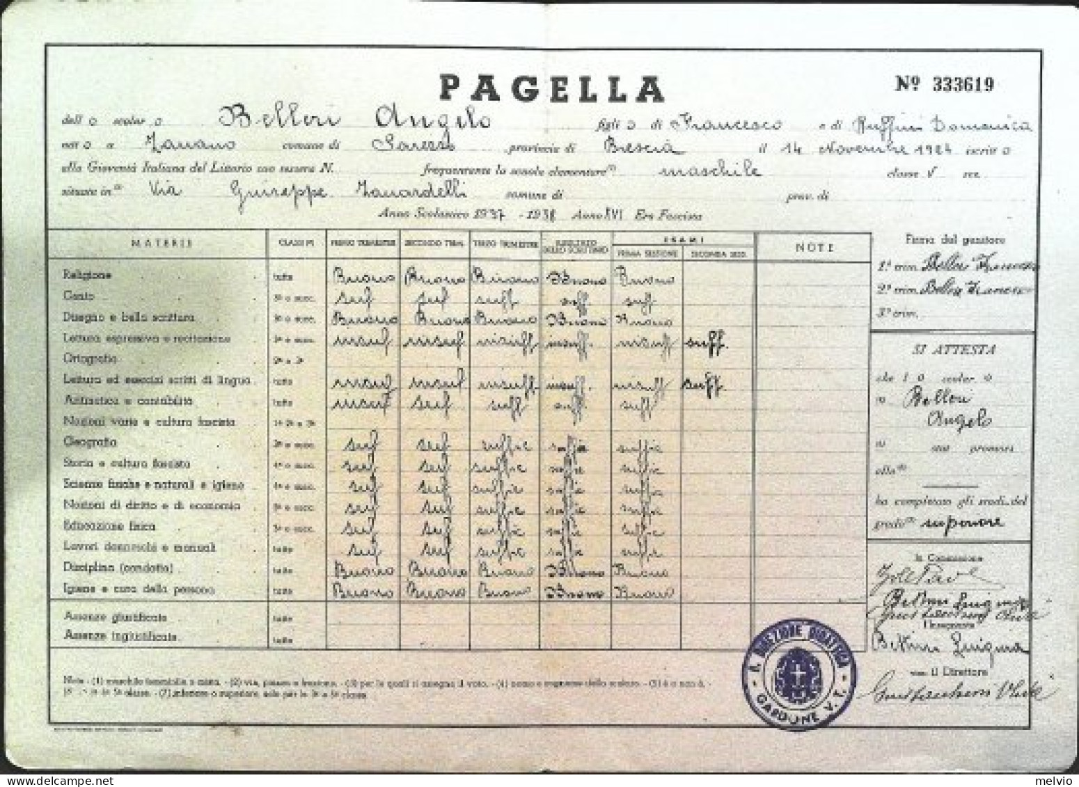 1938-pagella Ministero Educazione Nazionale P.N.F. Gioventù Italiana Del Littori - Diploma & School Reports
