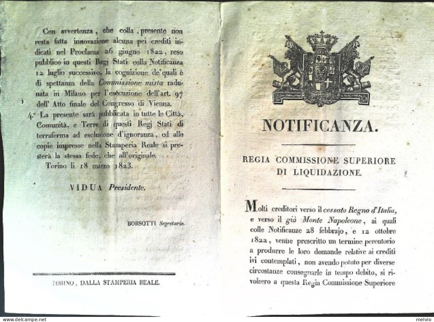 1823-Notificanza. Regia Commissione Superiore Di Liquidazione. Documento Stampat - Wetten & Decreten