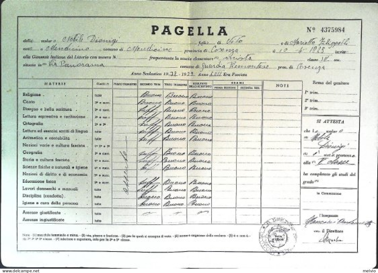 1939-pagella Ministero Educazione Nazionale Gioventù Italiana Del Littorio A.XVI - Diplomas Y Calificaciones Escolares