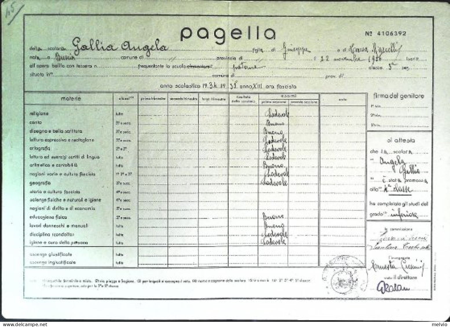 1935-pagella Ministero Educazione Nazionale Opera Balilla A.XIII - Diploma & School Reports