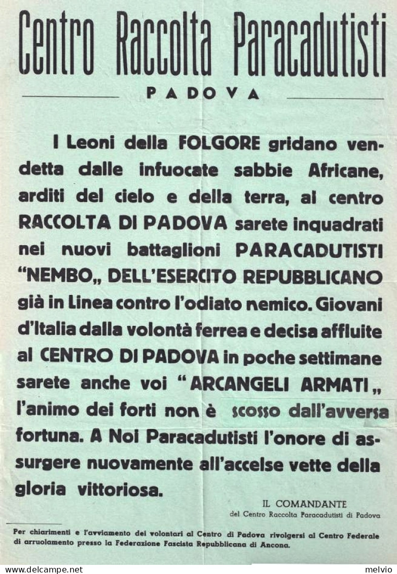 1944-RSI I Leoni Della Folgore Gridano Vendetta, Manifesto Centro Raccolta Padov - Afiches