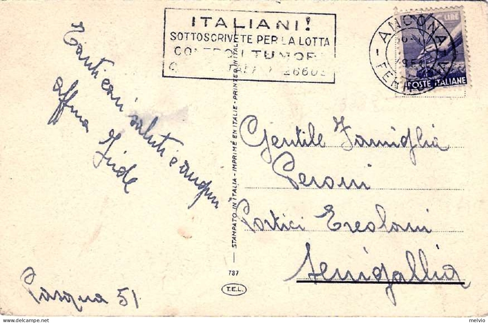 1951-cartolina Buona Pasqua Affrancata L.6 Democratica Con Annullo Meccanico "It - Pâques
