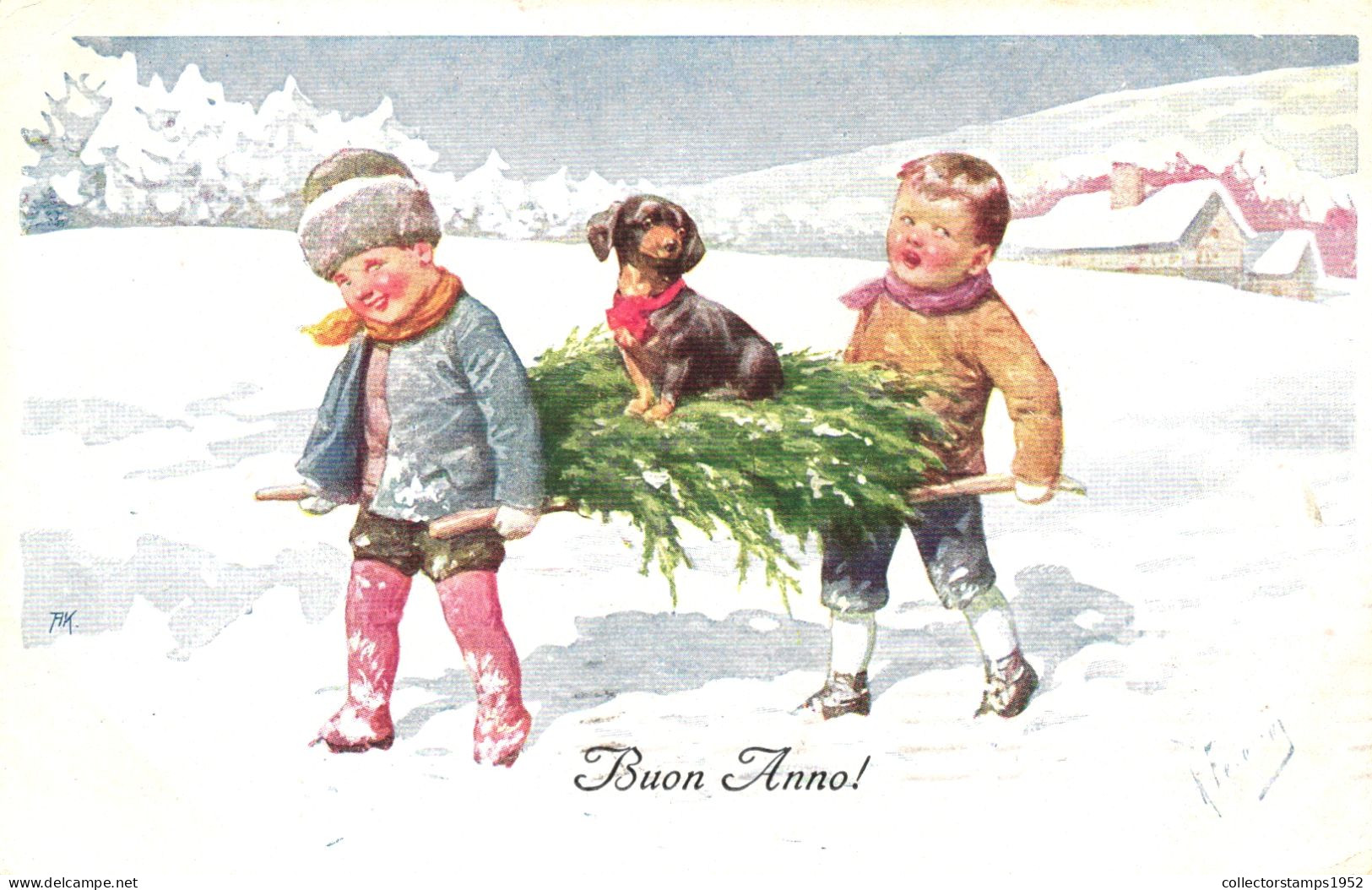 NEW YEAR, CELEBRATION, HOLIDAYS, CHILDREN, BOYS, DOG, ARCHITECTURE, ILLUSTRATION, ITALY, POSTCARD - Nouvel An