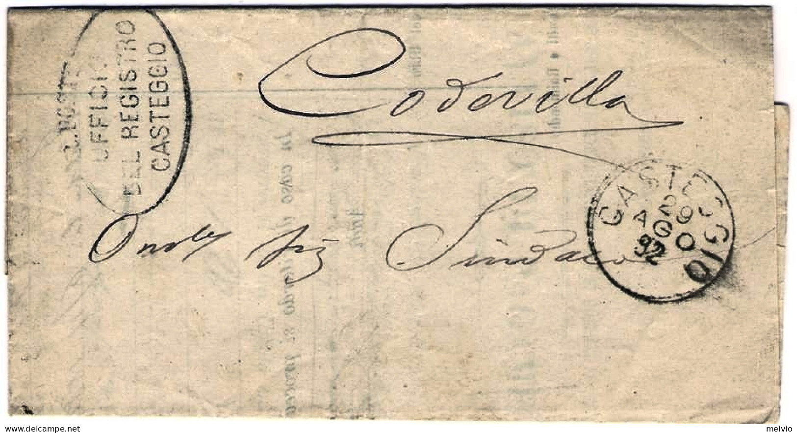 1892-piego In Franchigia Bollo Ovale R.Poste Ufficio Del Registro Casteggio - Other & Unclassified