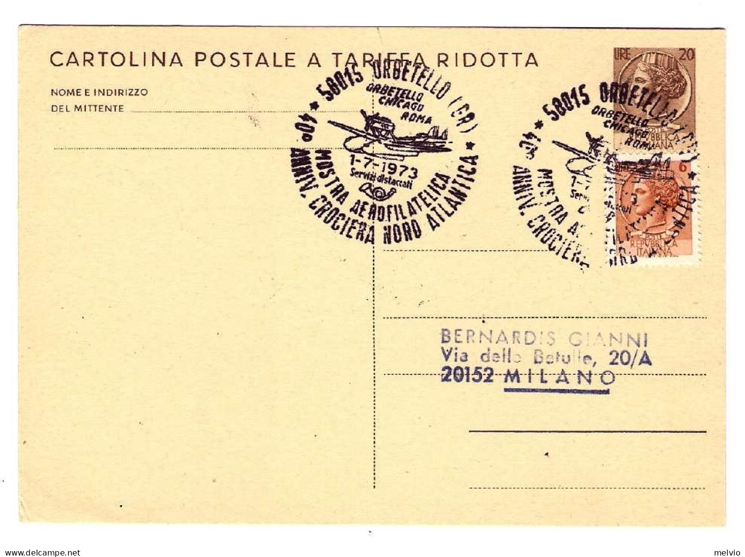 1973-cartolina Postale A Tariffa Ridotta L.20 Con Affrancatura Aggiunta L.6 Turr - Poste Aérienne