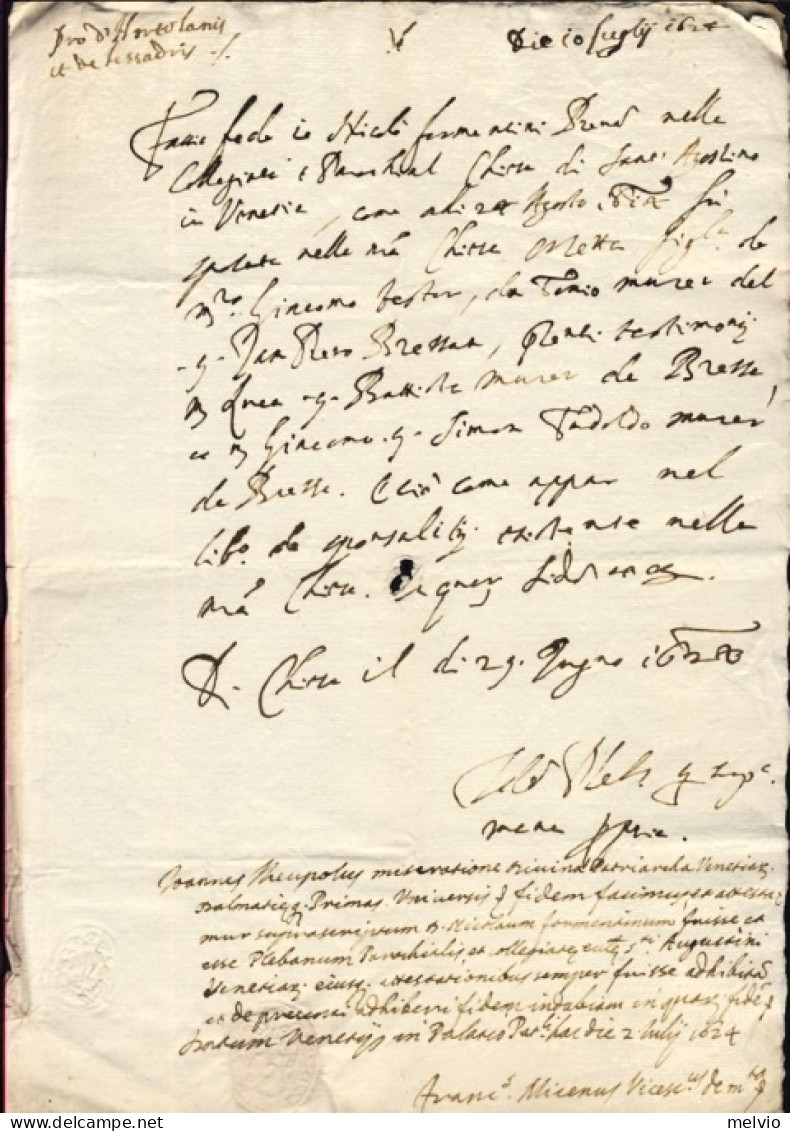 1628-Venezia 29 Giugno Lettera Con Dichiarazione Di Nicolò Formentini Con Sigill - Documentos Históricos