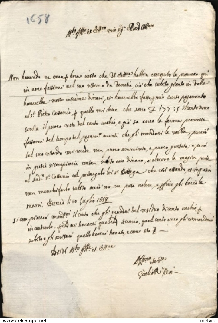 1647-Brescia 6 Marzo Lettera Di Pietro Paderno A Giovanni Battista Cagna A Bediz - Documents Historiques