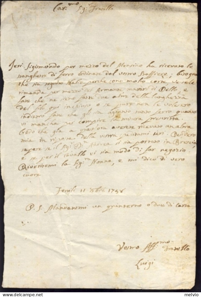 1758-Fenili 11 Ottobre Lettera Di Luigi Arici Al Fratello (Francesco Antonio Ari - Documents Historiques