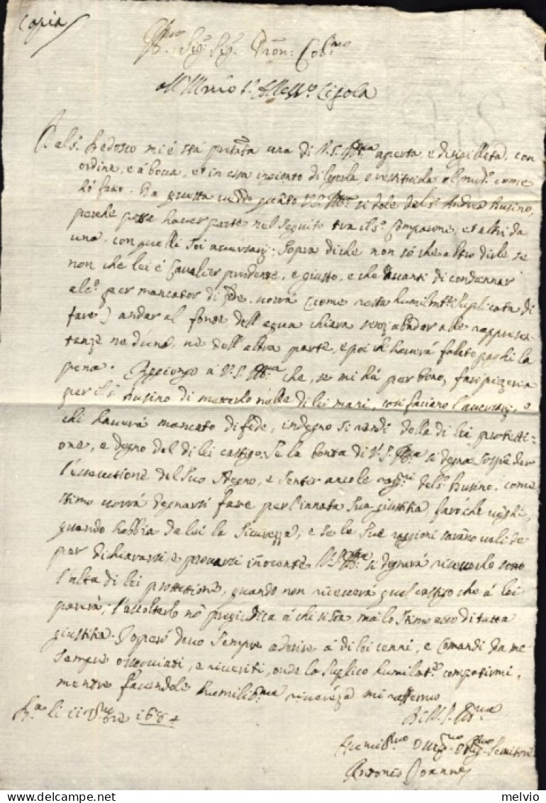 1684-Brescia 11 Settembre Lettera Di Antonio Joannes A Alessandro Cigola - Documents Historiques