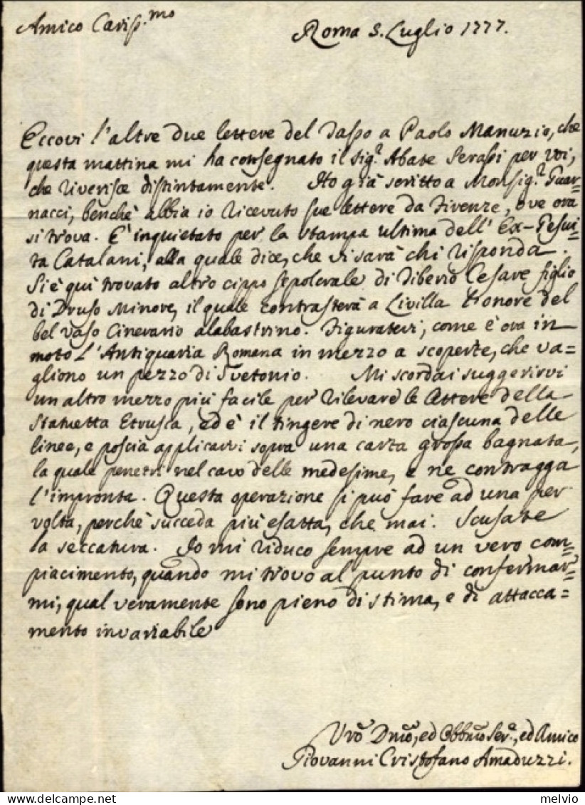 1777-Roma 5 Luglio Lettera Di Giovanni Cristoforo Amaduzzi Ad Un Amico Con Istru - Documents Historiques