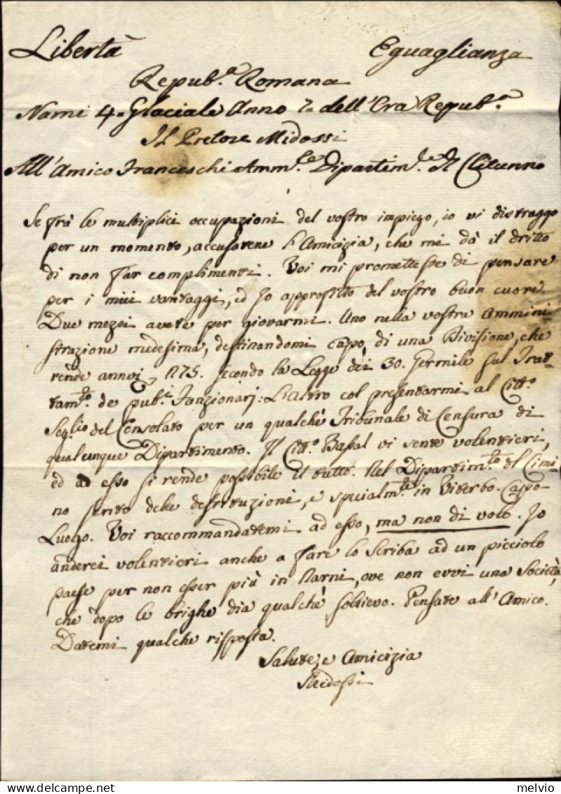 1799-Repubblica Romana Lettera Del Pretore Midossi Diretta A Franceschi Amm.dipa - Documents Historiques