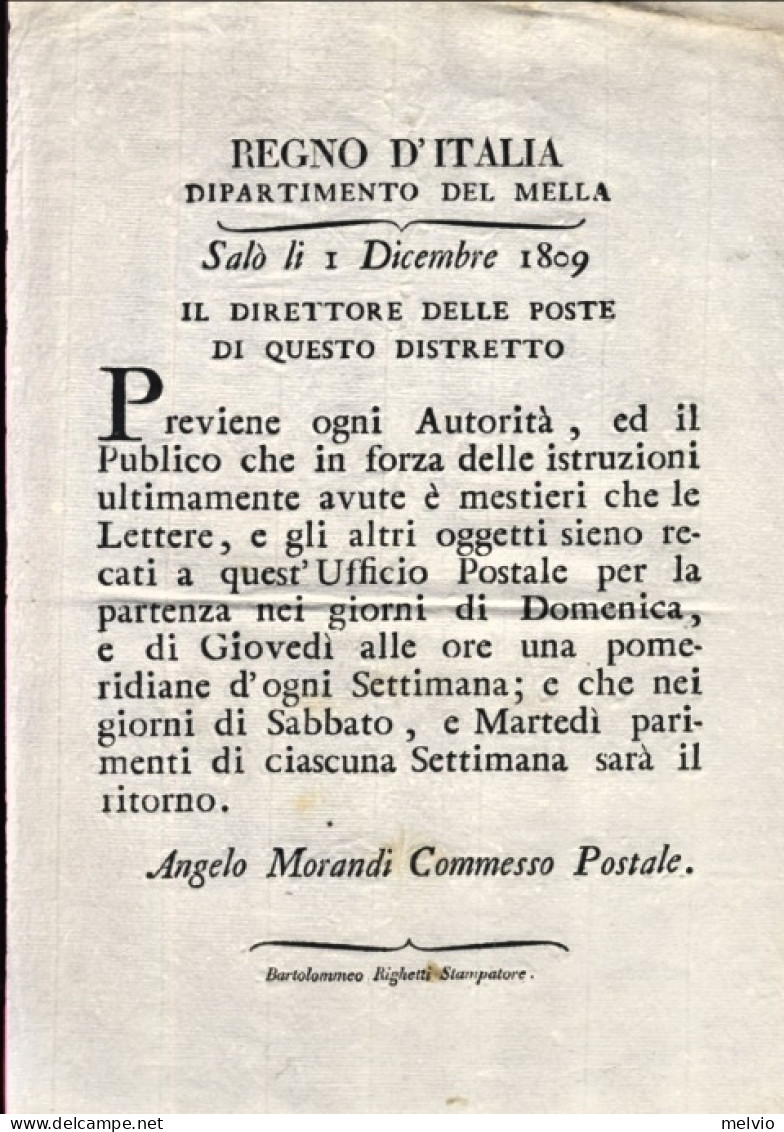 1809-Regno D'Italia Dipartimento Del Mella Disposizione Sul Servizio Postale Dat - Historische Dokumente