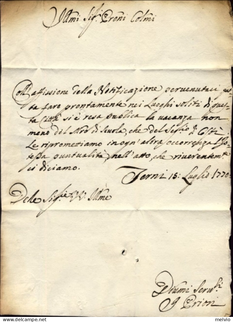 1770-Stato Pontificio Lettera Da Terni Ai Priori Di Stroncone Del 15 Luglio Comu - Documents Historiques