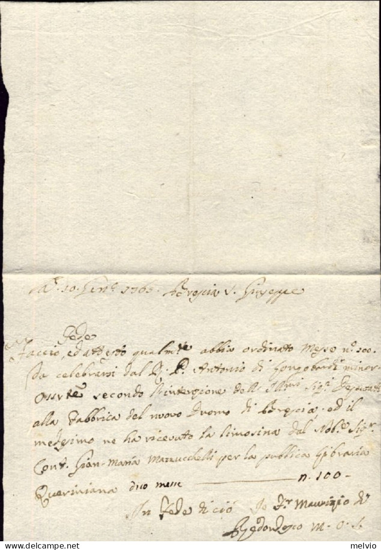 1765-Brescia 10 Gennaio Lettera Di Fra Maurizio De Redondesco Ricevuta Di Messe - Documents Historiques