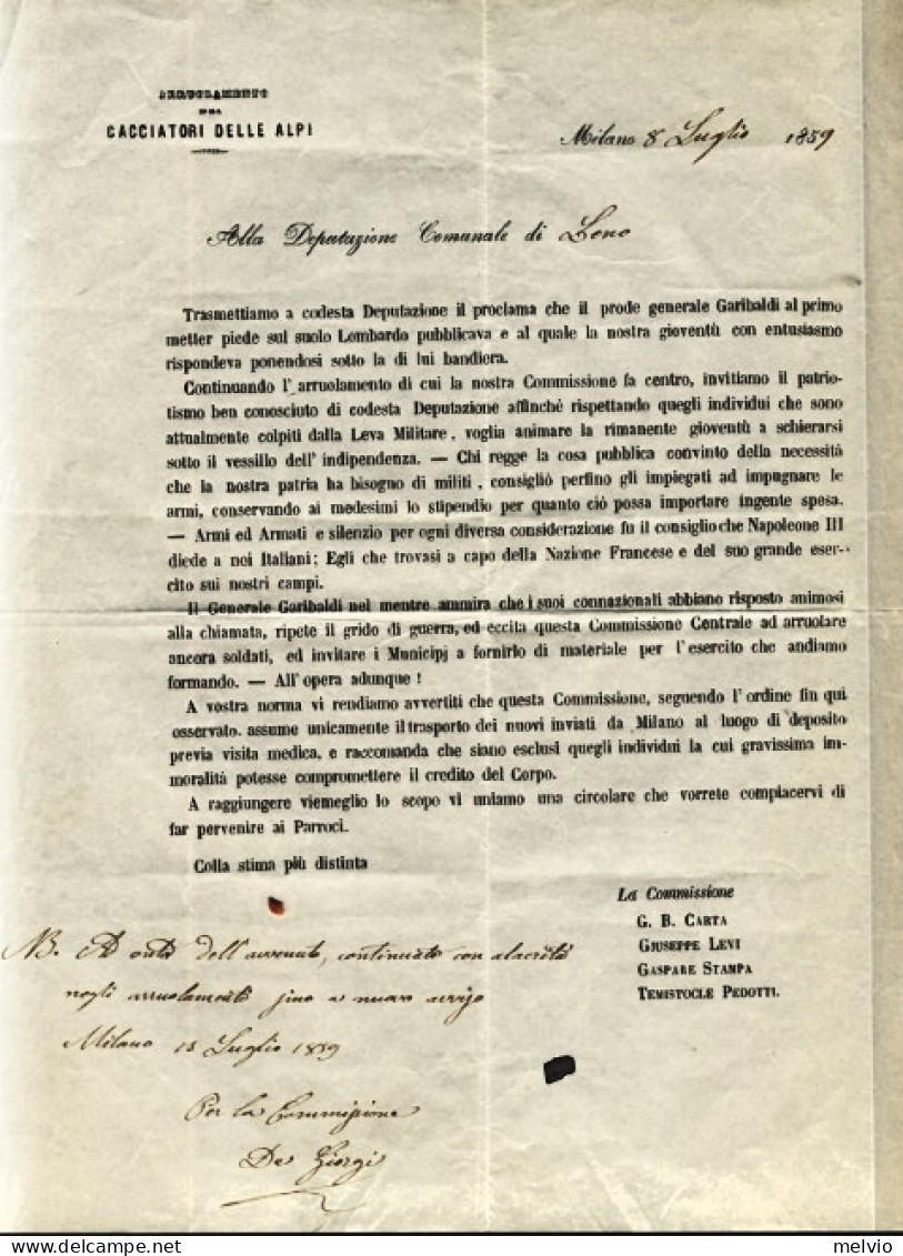1859-Arruolamento Dei Cacciatori Delle Alpi Alla Deputazione Comunale Di Leno, D - Documents Historiques