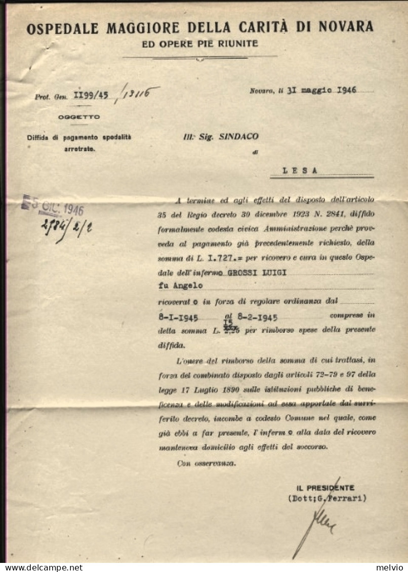 1946-Imperiale S.F. Lire 10 Isolato Su Piego Raccomandato Novara (1.6 Re Di Magg - Marcophilia