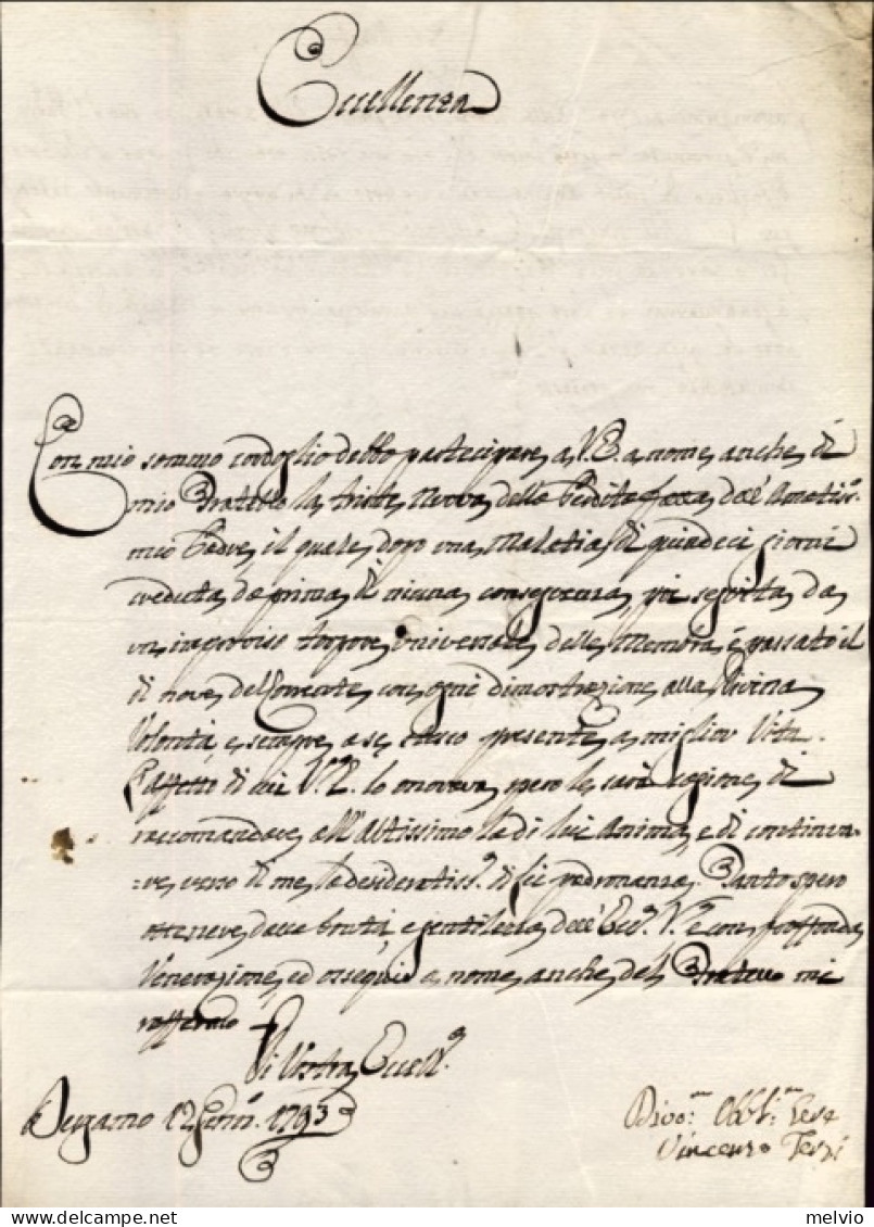 1793-Bergamo 12 Gennaio Lettera Di Vincenzo Terzi, Allegata Minuta Di Risposta D - Historische Dokumente