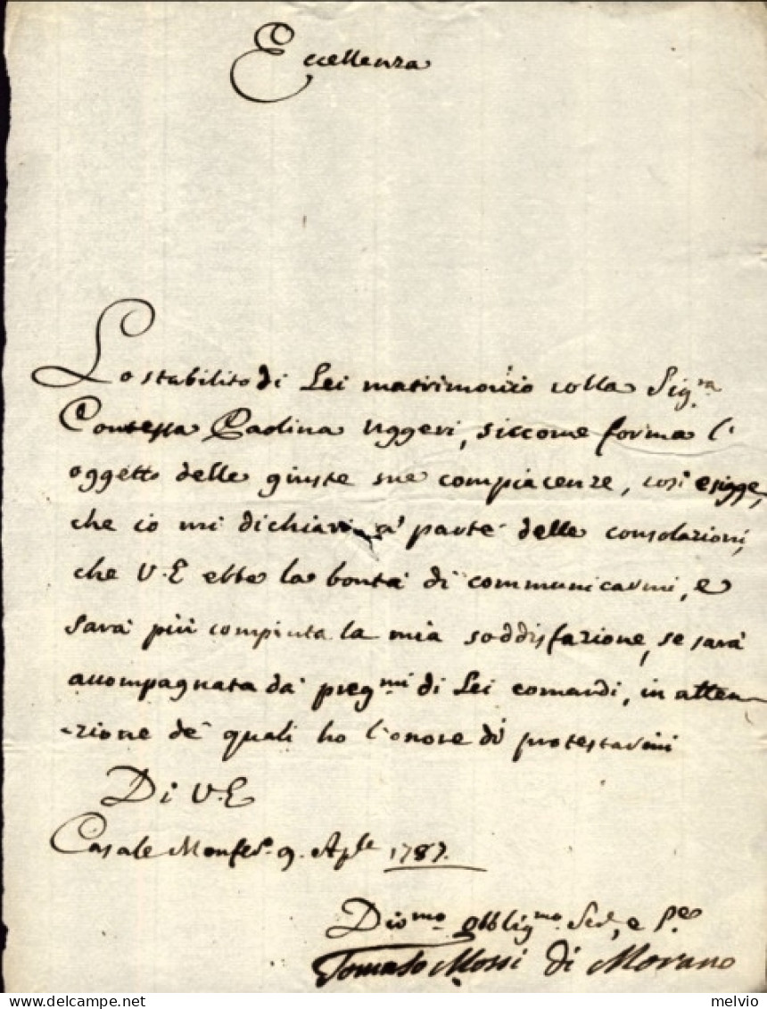 1787-Casale Monferrato 9 Aprile Lettera Di Tomaso Mossi Di Morano - Historische Dokumente