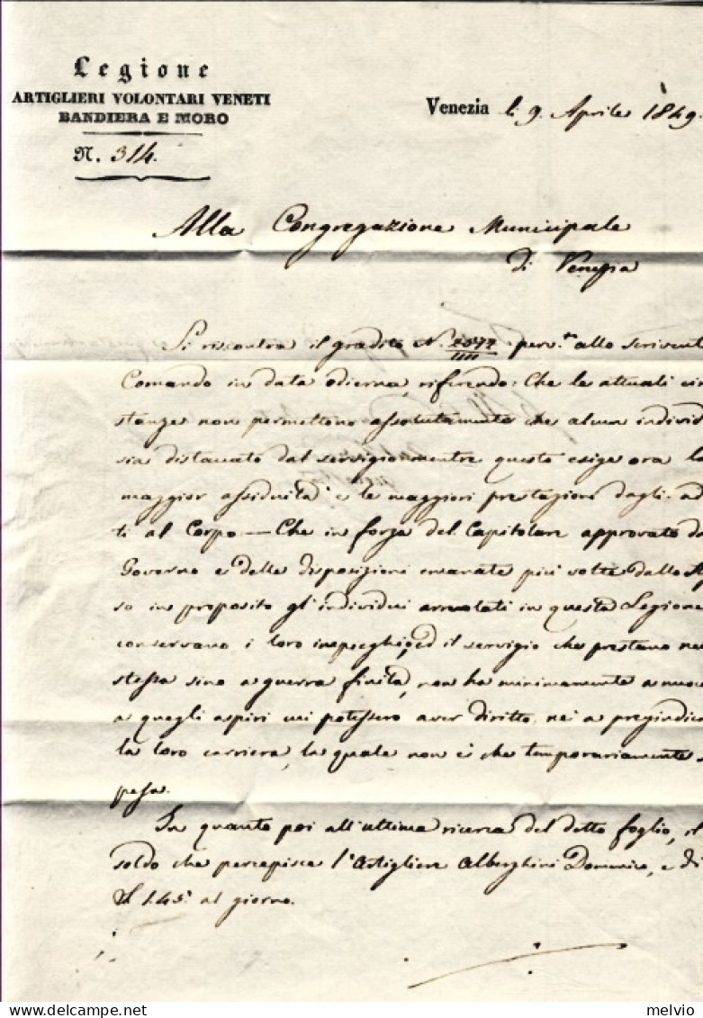 1849-lettera Legione Artiglieri Volontari Veneti Bandiera E Moro Diretta Alla Mu - Historical Documents