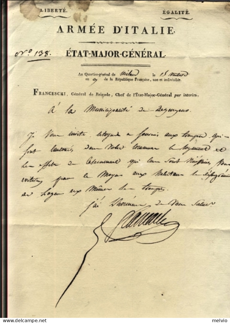 1801-Armata D'Italia Stato Maggiore Generale Di Brigata Franceschi Scrive Alla M - Historical Documents