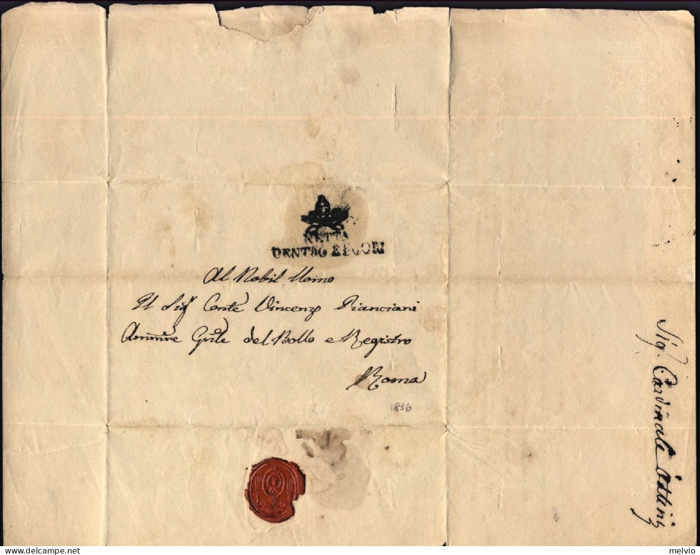 1836-Stato Pontificio Lettera Dal Bollo Con Stemma NETTA DENTRO E FUORI E Sigill - ...-1850 Voorfilatelie