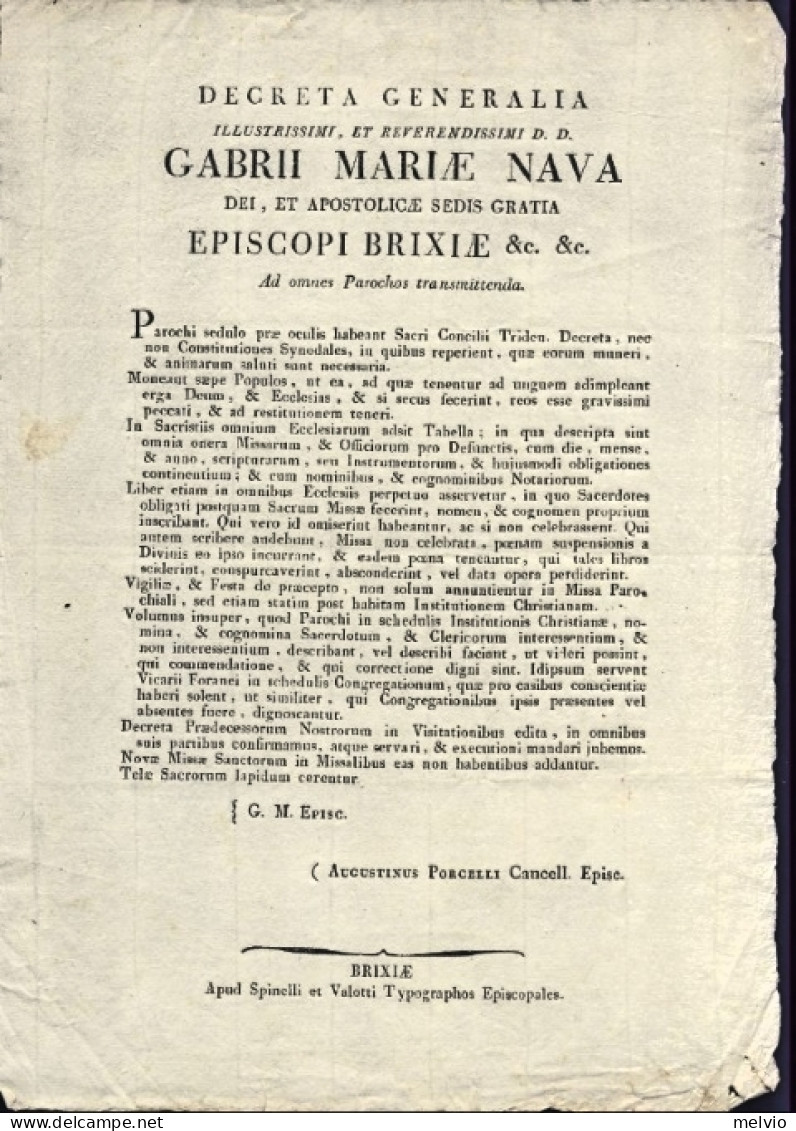 1820 Circa-foglio A Stampa Intestato A Gabrio Maria Nava Vescovo Di Brescia, Tip - Historische Dokumente