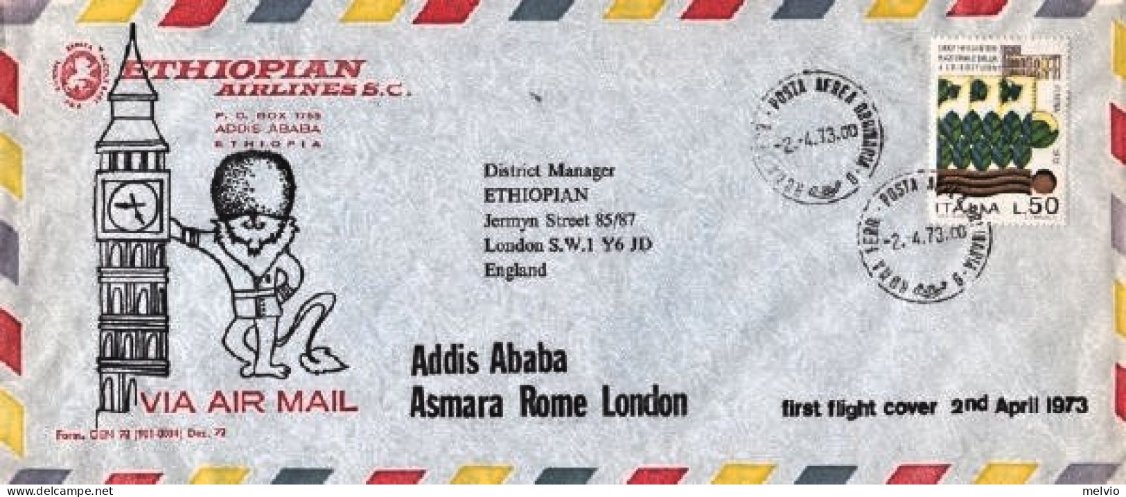 1973-I^volo Ethiopian Airlines Roma Lomdra Tratta Addis Ababa London Del 2 April - Poste Aérienne