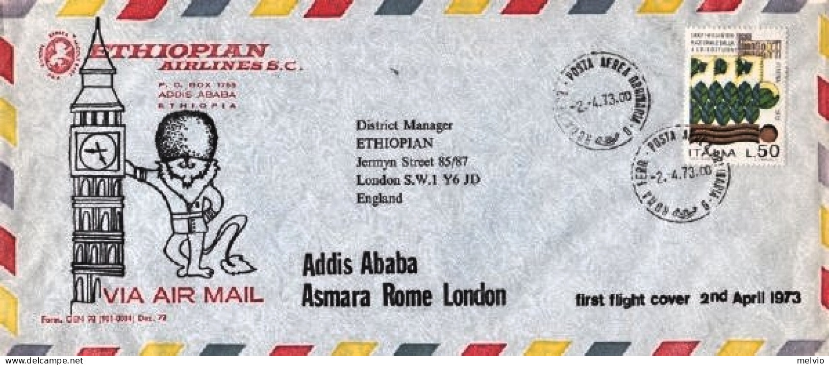 1973-I^volo Ethiopian Airlines Roma Lomdra Tratta Addis Ababa London Del 2 April - Airmail