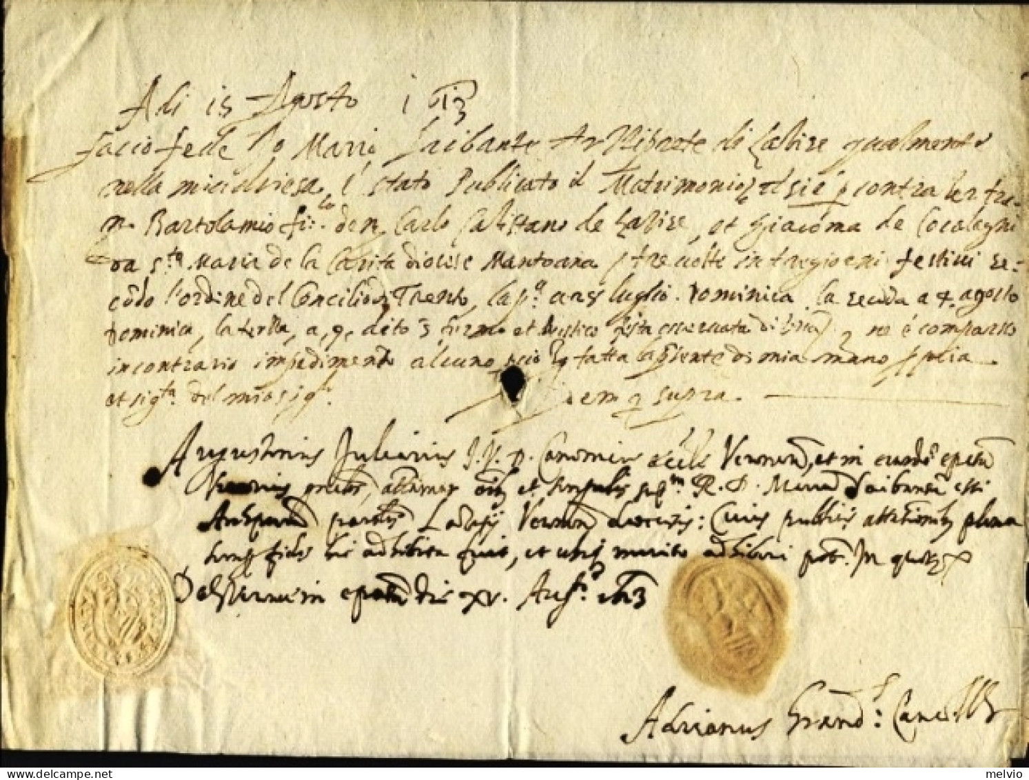 1613-documento Arciprete Mario Saibante Dato In Lazise Verona Con Sigillo - Historical Documents
