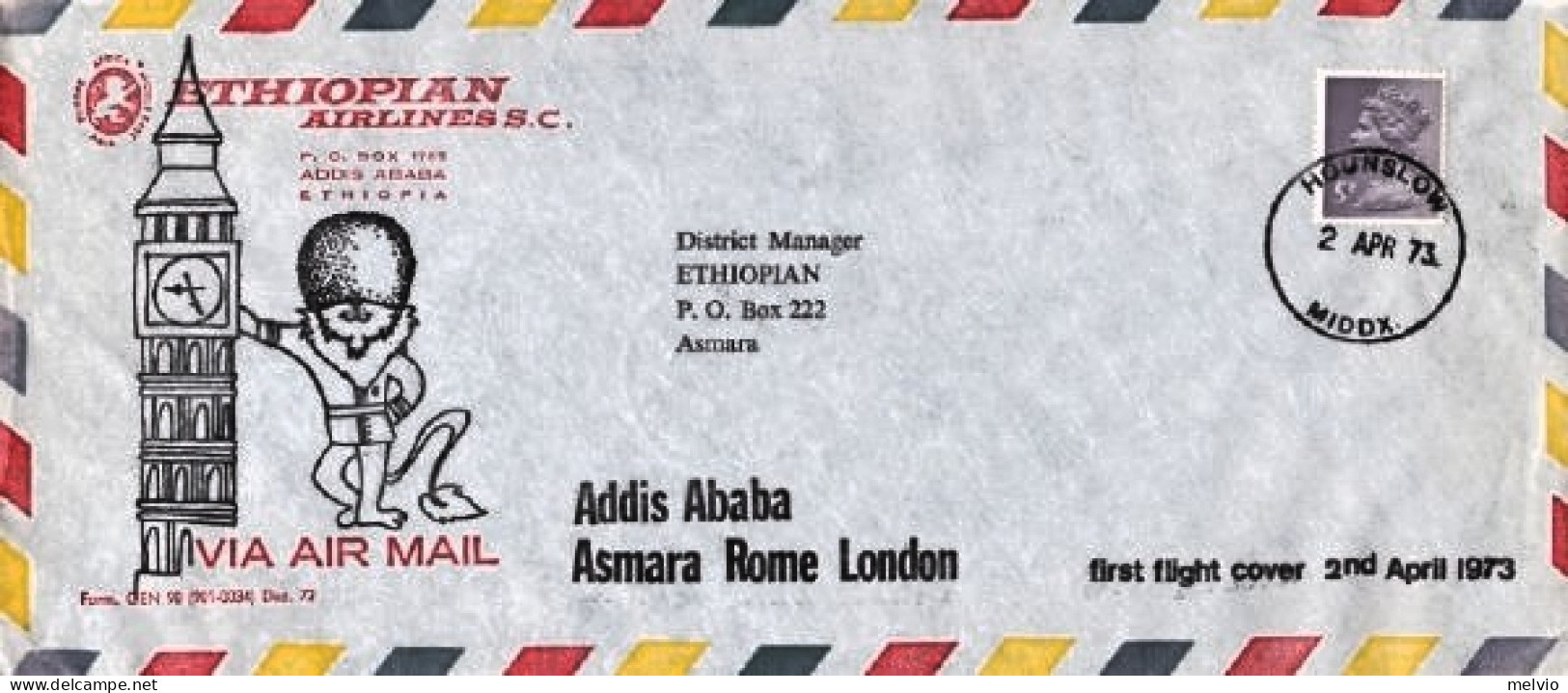 1973-Gran Bretagna I^volo Di Ritorno Ethiopian Airlines Londra Asmara Del 2 Apri - Otros & Sin Clasificación