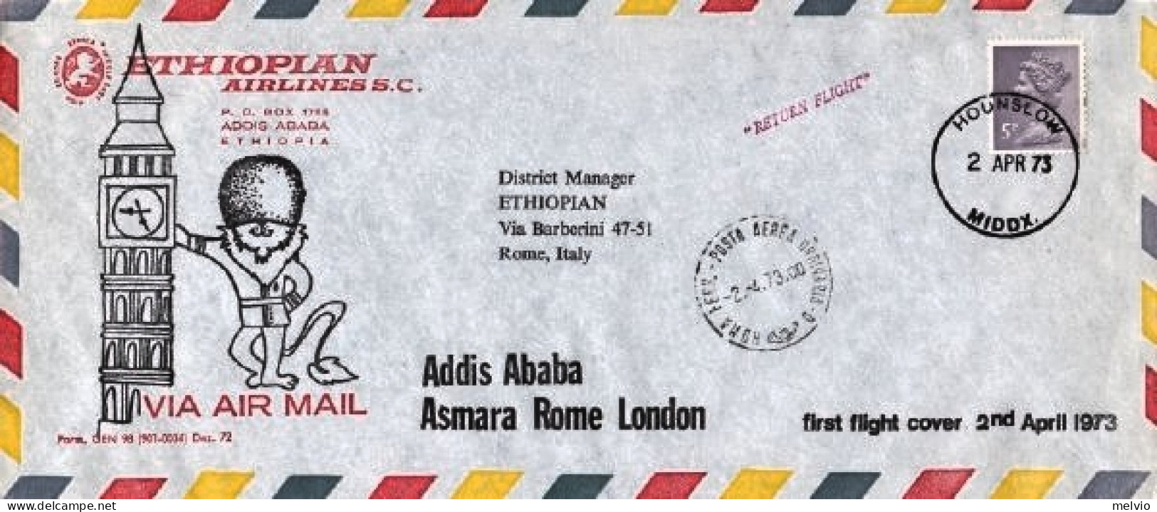 1973-Gran Bretagna I^volo Di Ritorno Ethiopian Airlines Londra Roma Tratta Londo - Covers & Documents