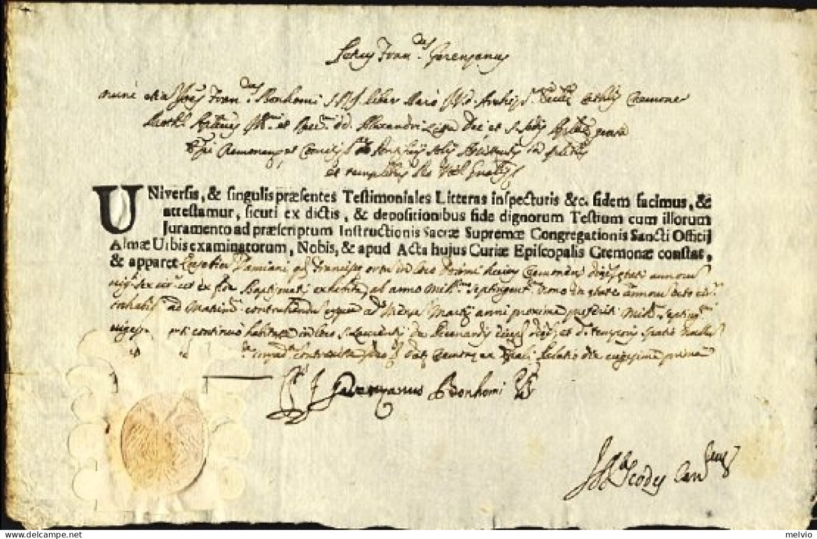 1727-documento Vicario Vescovile Di Cremona Pietro Giovanni Francesco Gerenzano  - Historische Dokumente