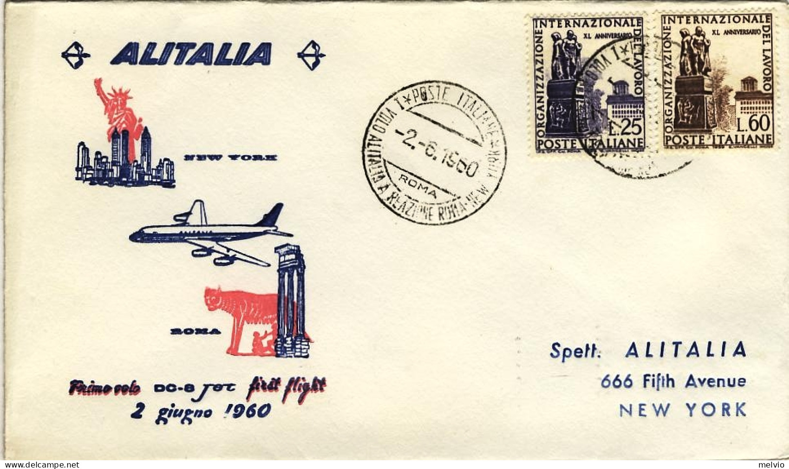 1960-Alitalia DC 8 Jet Roma New York Del 2 Giugno Con Bollo D'arrivo - Poste Aérienne