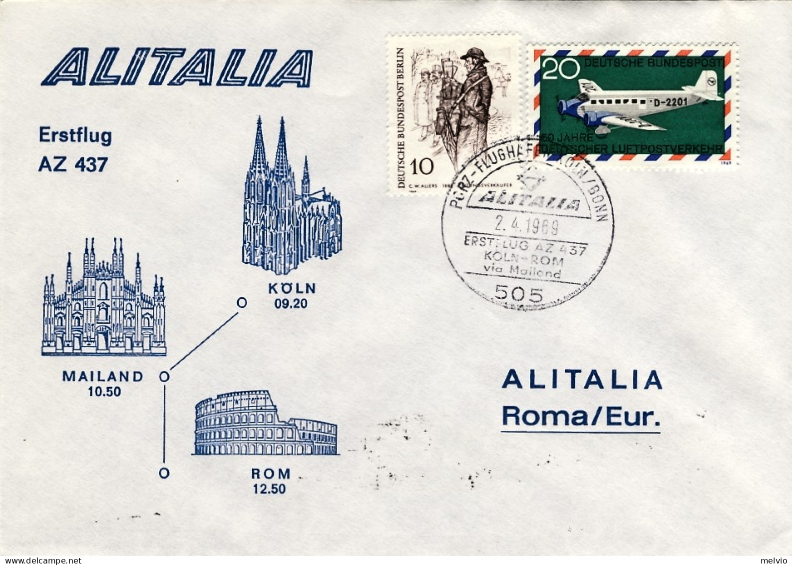 1969-Germania Alitalia Volo Colonia Roma Via Milano, Al Verso Annullo Meccanico  - Poste Aérienne