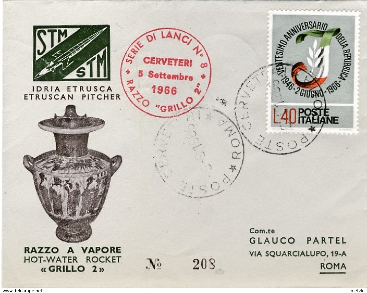 1966-razzogramma Posta Razzo A Vapore Grillo 2 Aeroporto Di Cerveteri-Roma - Poste Aérienne
