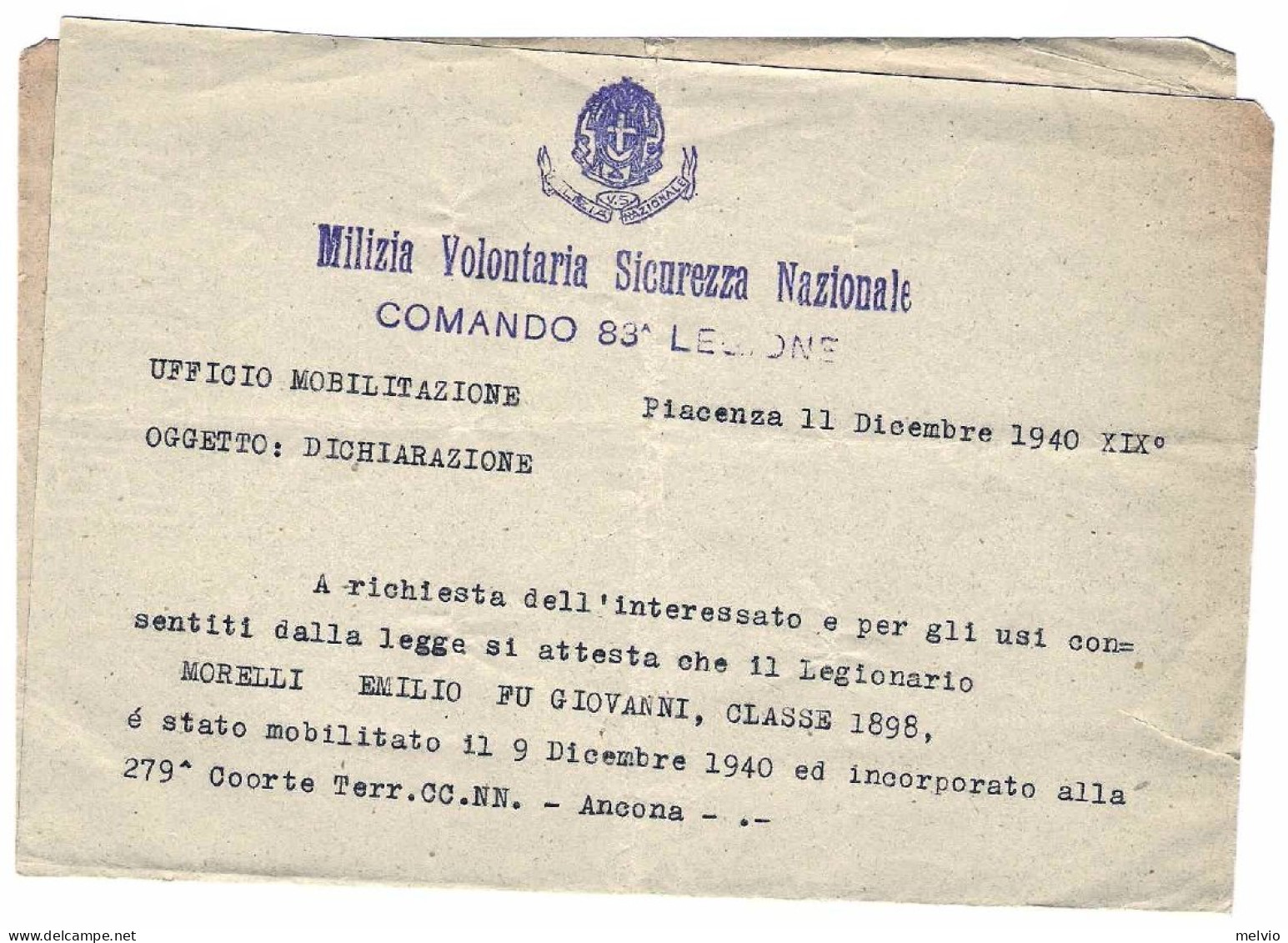 1940-attestato Della Milizia Volontaria Sicurezza Nazionale Comando 83 Legione - Marcophilia