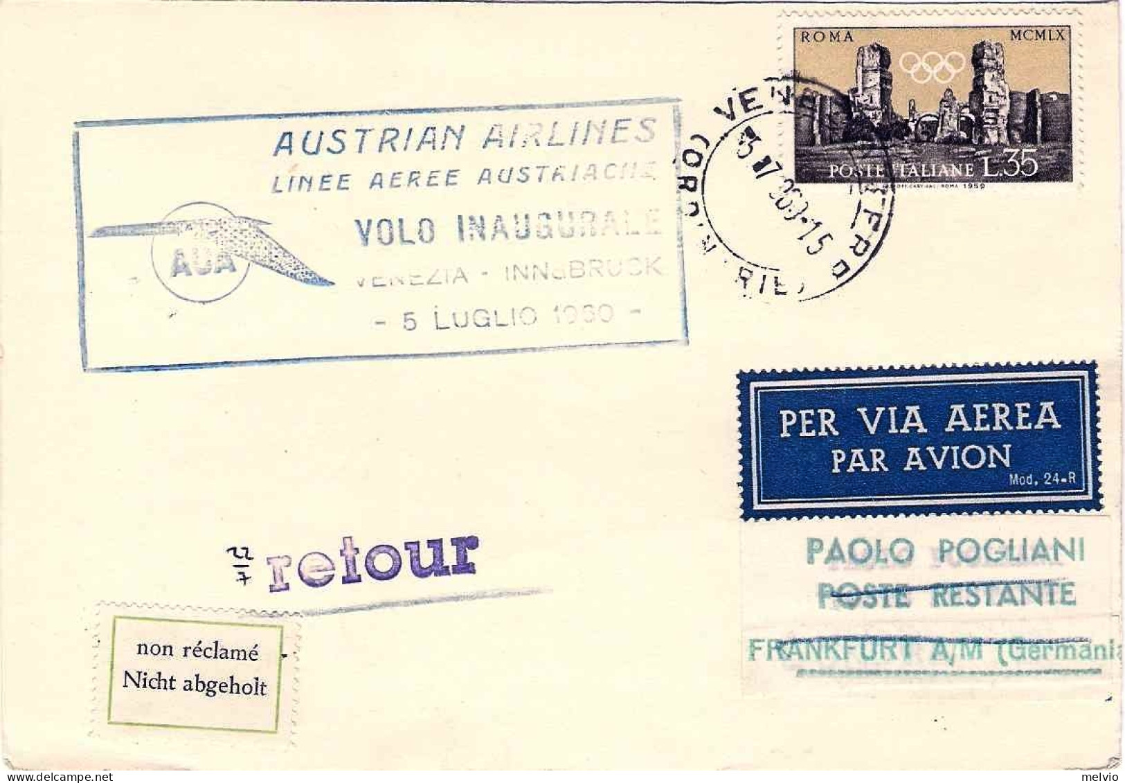1960-cartolina Affr. L.35 Olimpiadi Di Roma I^volo Venezia Francoforte Delle Lin - Autres & Non Classés