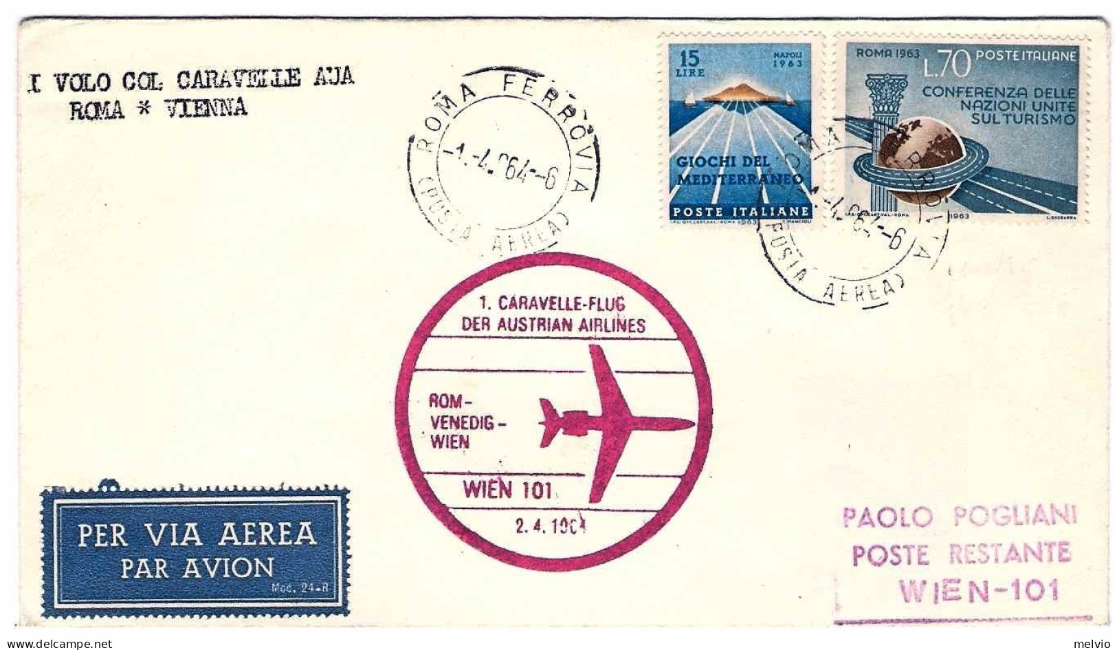 1964-I^volo Caravelle AUA Roma-Vienna Del 2 Aprile - Poste Aérienne