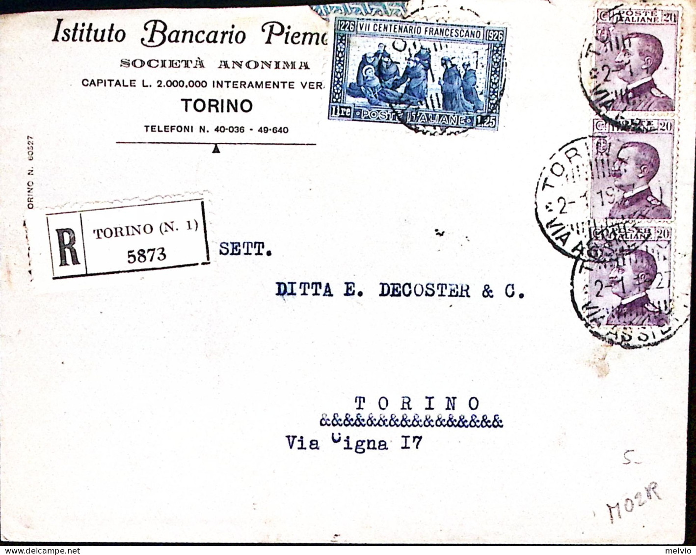 1927-S FRANCESCO Lire 1,25 + Michetti Striscia Tre C.20 Su Raccomandata Torino ( - Marcophilia