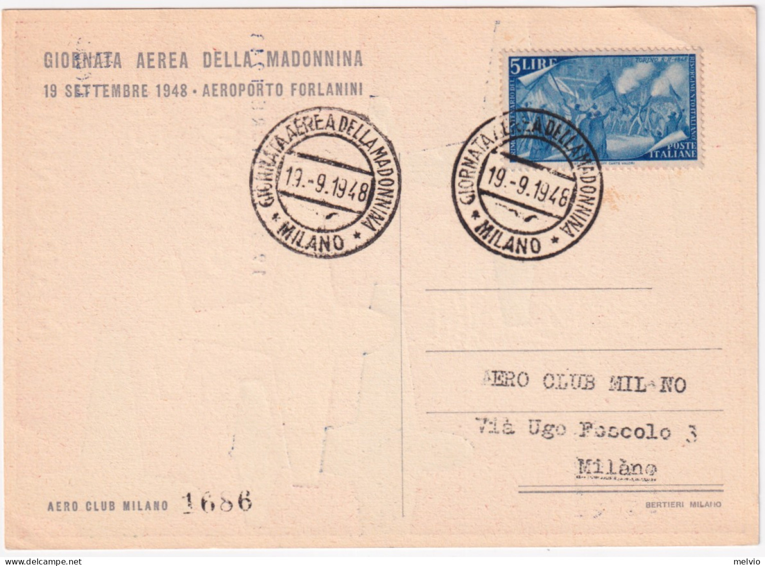 1948-MILANO GIORNATA AEREA Della MADONNINA (19.9) Annullo Speciale Su Cartolina - 1946-60: Marcophilia
