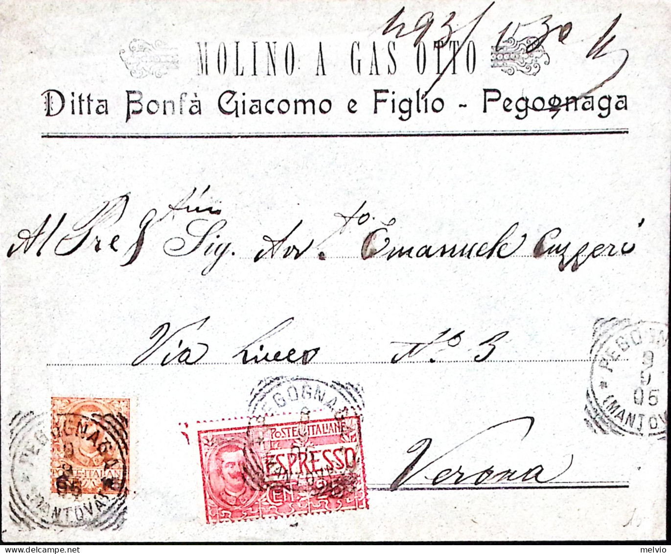 1905-PEGOGNAGA Molino A Gasdotto Ditta Bonfa' Giacomo E Figlio Intestazione A St - Marcophilia