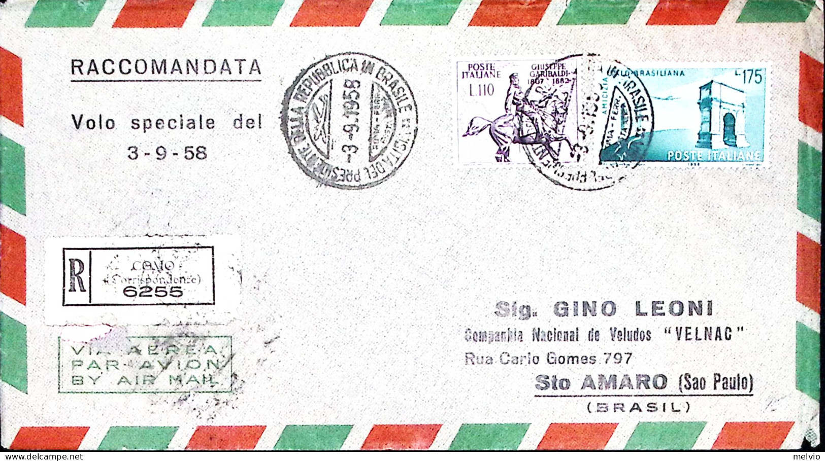 1958-volo Speciale Italia-Brasile Raccomandata (3.9) Affrancata Complementare Ga - Airmail