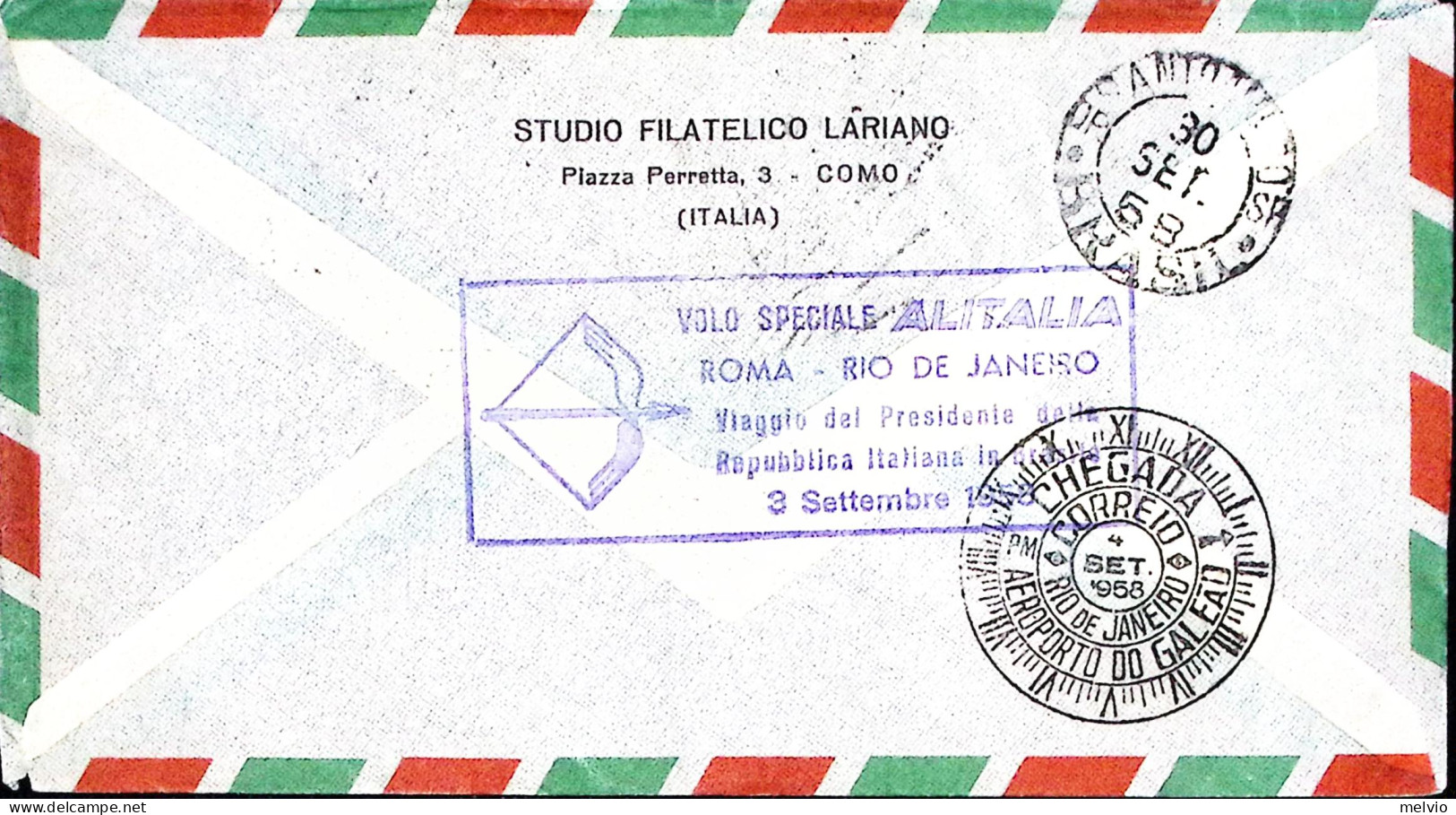 1958-volo Speciale Italia-Brasile Raccomandata (3.9) Affrancata Complementare Ga - Luchtpost