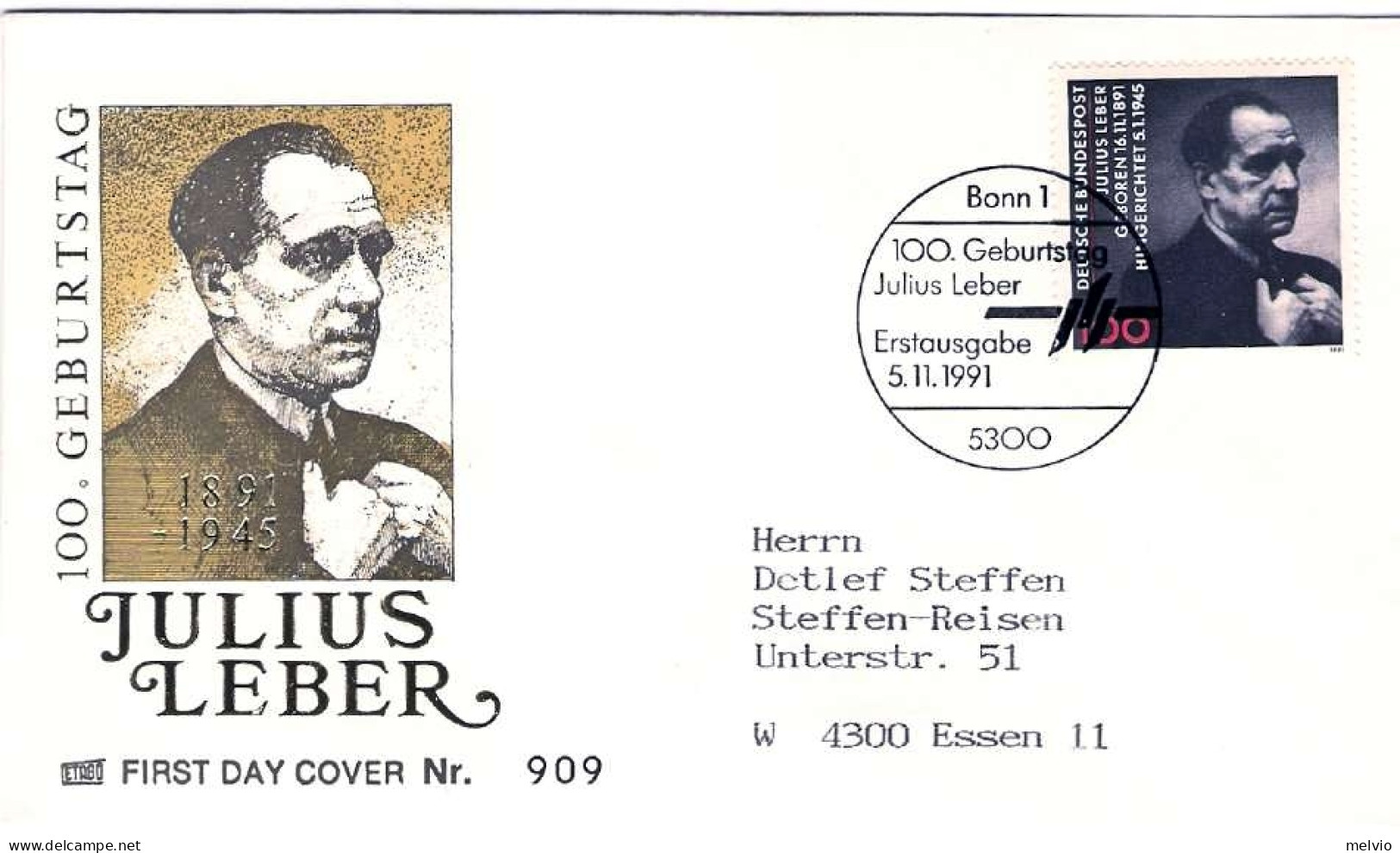 1991-Germania S.1v."Anniversario Di Julius Leber"su Fdc Illustrata - Brieven En Documenten