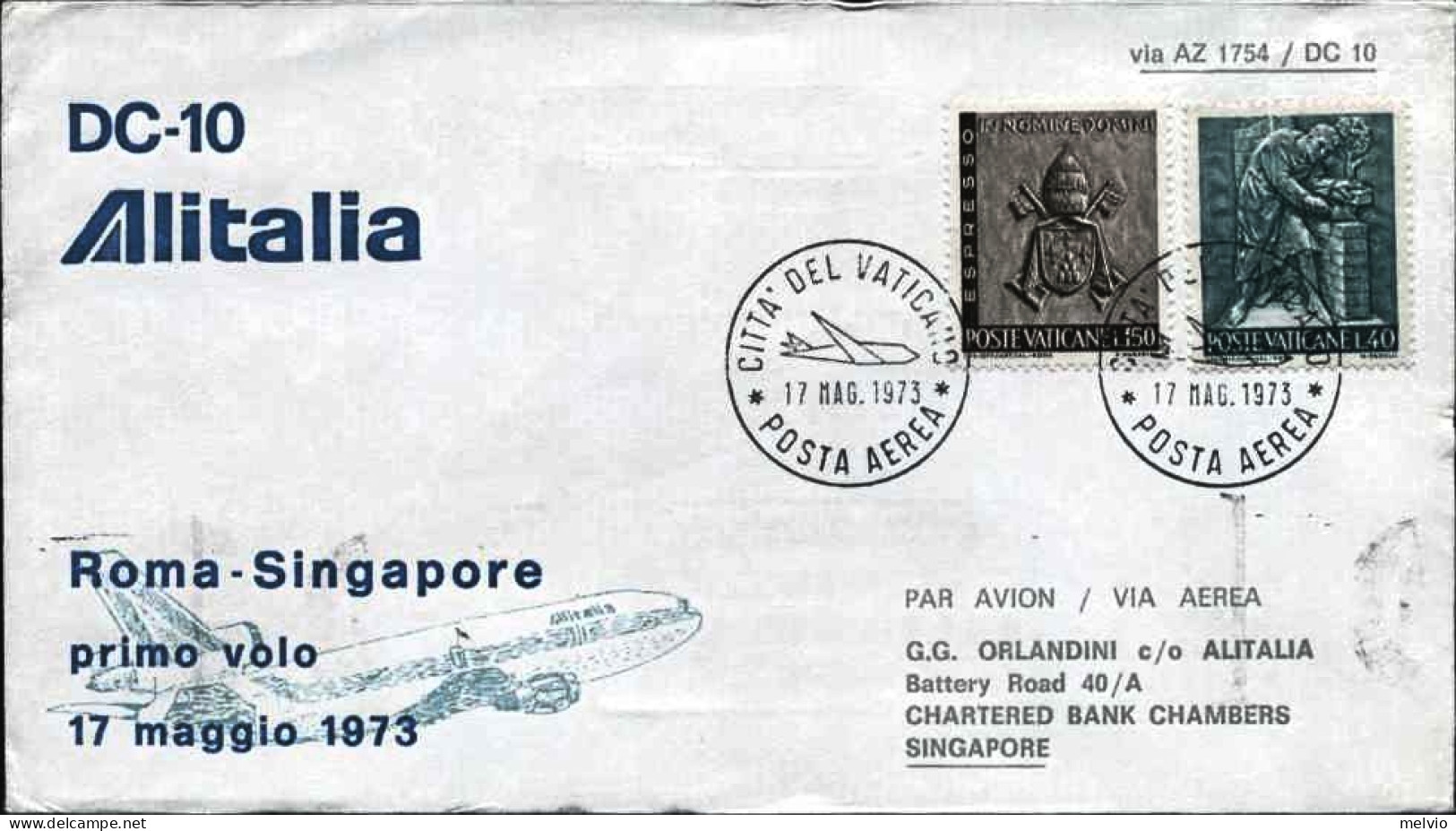 Vaticano-1973  I^volo DC 10 Alitalia Roma Singapore Del 17 Maggio - Airmail
