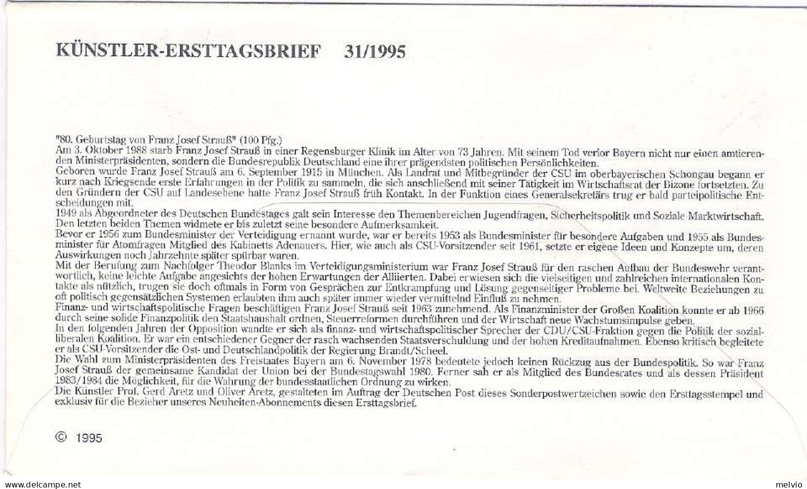 1995-Germania S.1v."Anniversario Di F.J.Strauss Politico"su Fdc Illustrata - Storia Postale