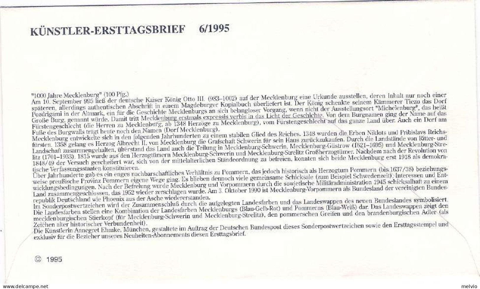 1995-Germania S.1v."Millenario Del Mecklenburg"su Fdc Illustrata - Cartas & Documentos