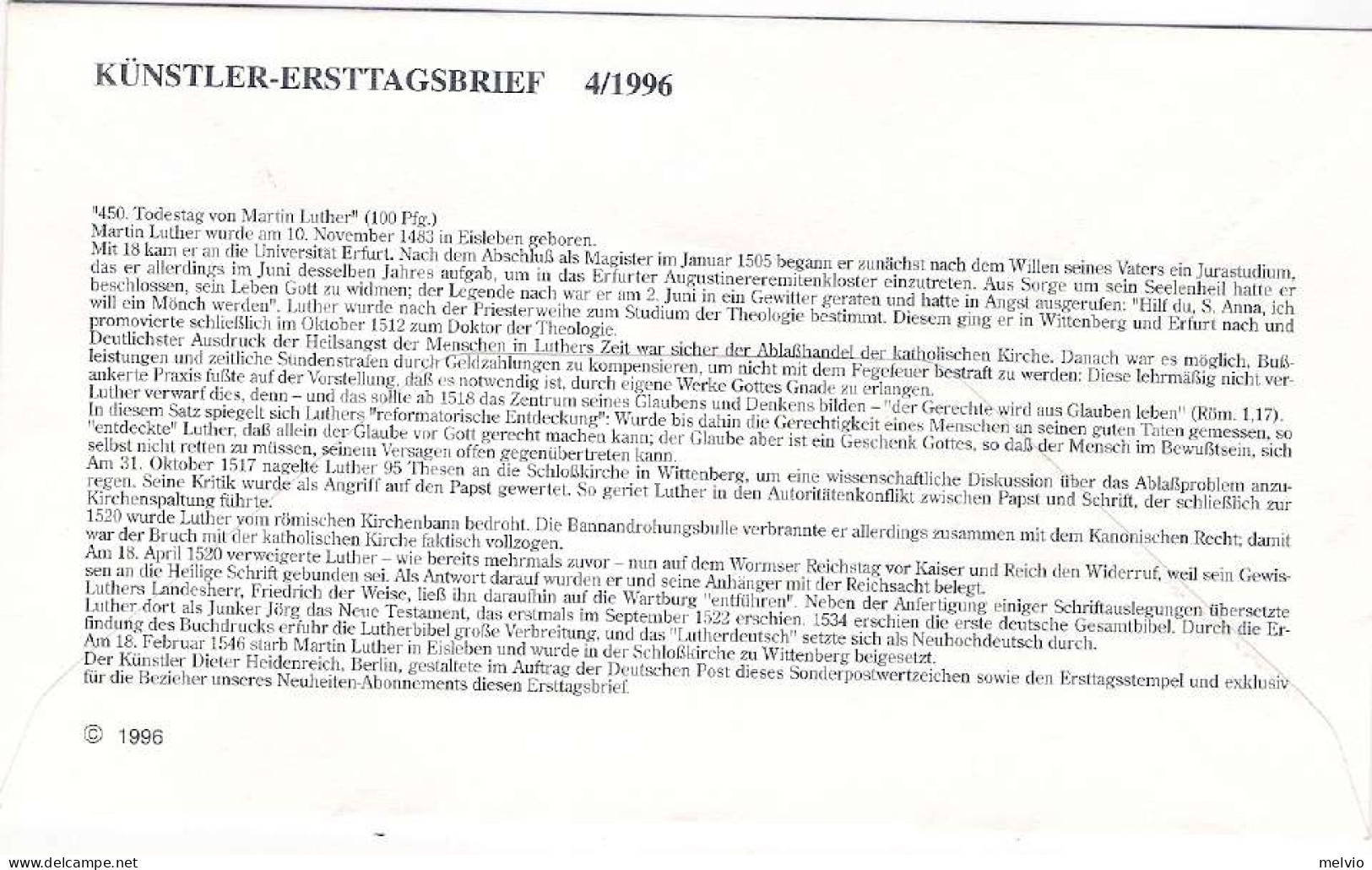 1996-Germania S.1v."Anniversario Di Martin Lutero"su Fdc Illustrata - Storia Postale